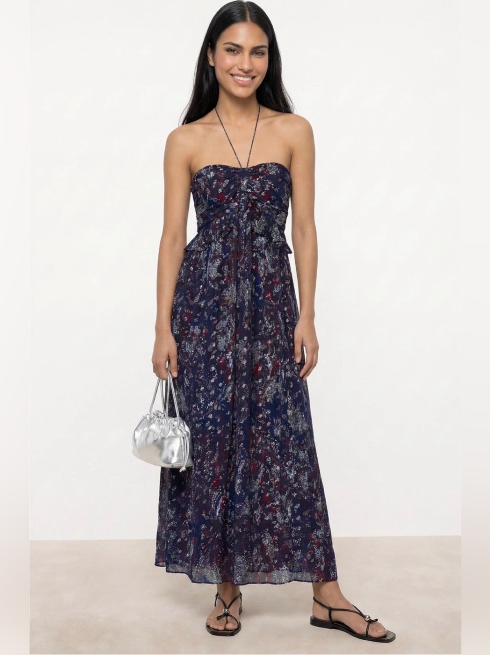 IRO~Navy Floral Somov Strapless Midi Dress w/ Tie~Size 36 (US 4)~$585~